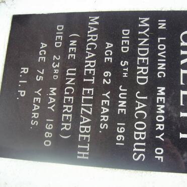 GREEFF Mynderd Jacobus -1961 &amp; Margaret Elizabeth UNGERER -1980