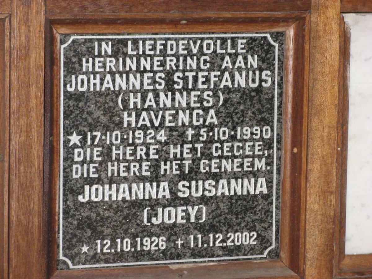 HAVENGA Johannes Stefanus 1924-1990 &amp; Johanna Susanna 1926-2002