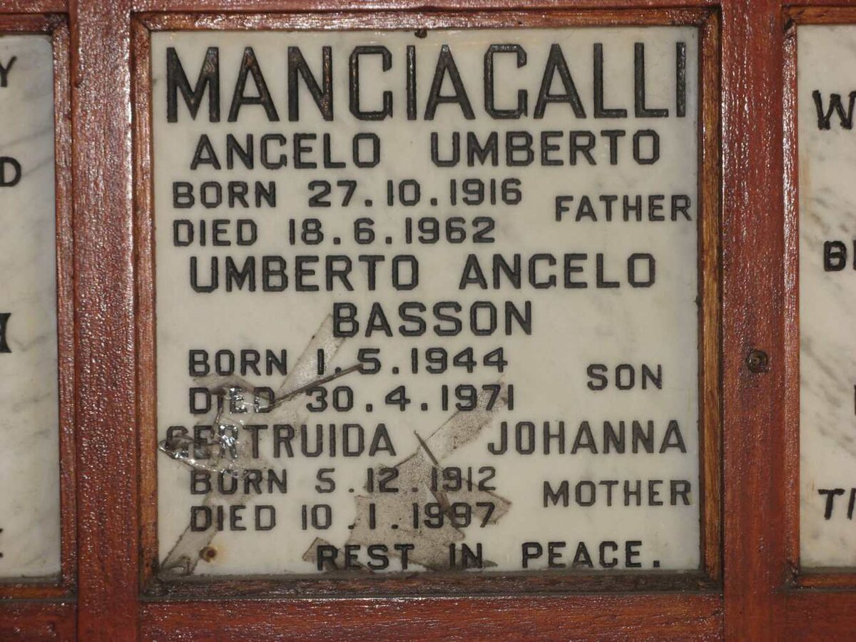 MANGIAGALLI Angelo Umberto 1916-1962 &amp; Gertruida Johanna 1912-1997 :: MANGIAGALLI Umberto Angelo Basson 1944-1971
