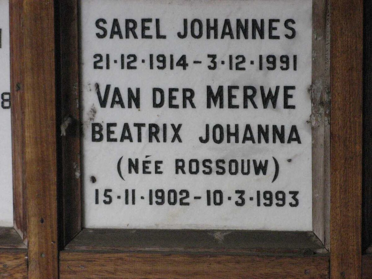 MERWE Sarel Johannes, van der 1914-1991 &amp; Beatrix Johanna ROSSOUW 1902-1993