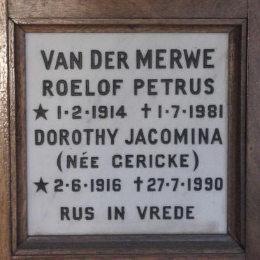 MERWE Roelof Petrus, van der 1914-1981 &amp; Dorothy Jacomina GERICKE 1916-1990