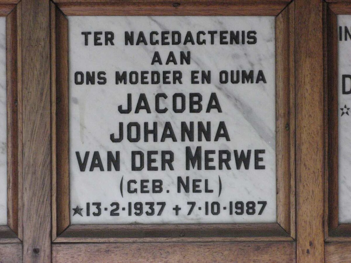 MERWE Jacoba Johanna, van der nee NEL 1937-1987