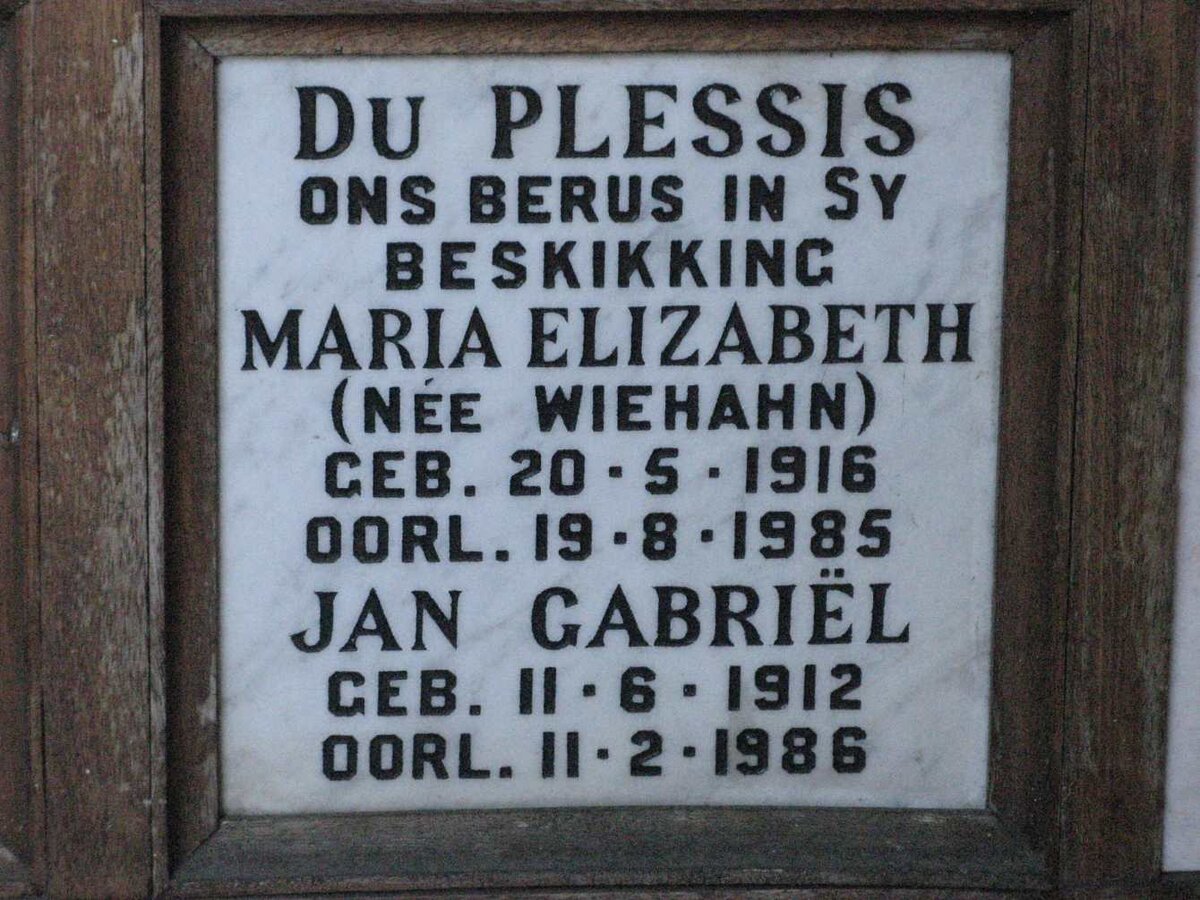 PLESSIS Jan Gabriel, du 1912-1986 &amp; Maria Elizabeth WIEHAHN 1916-1985