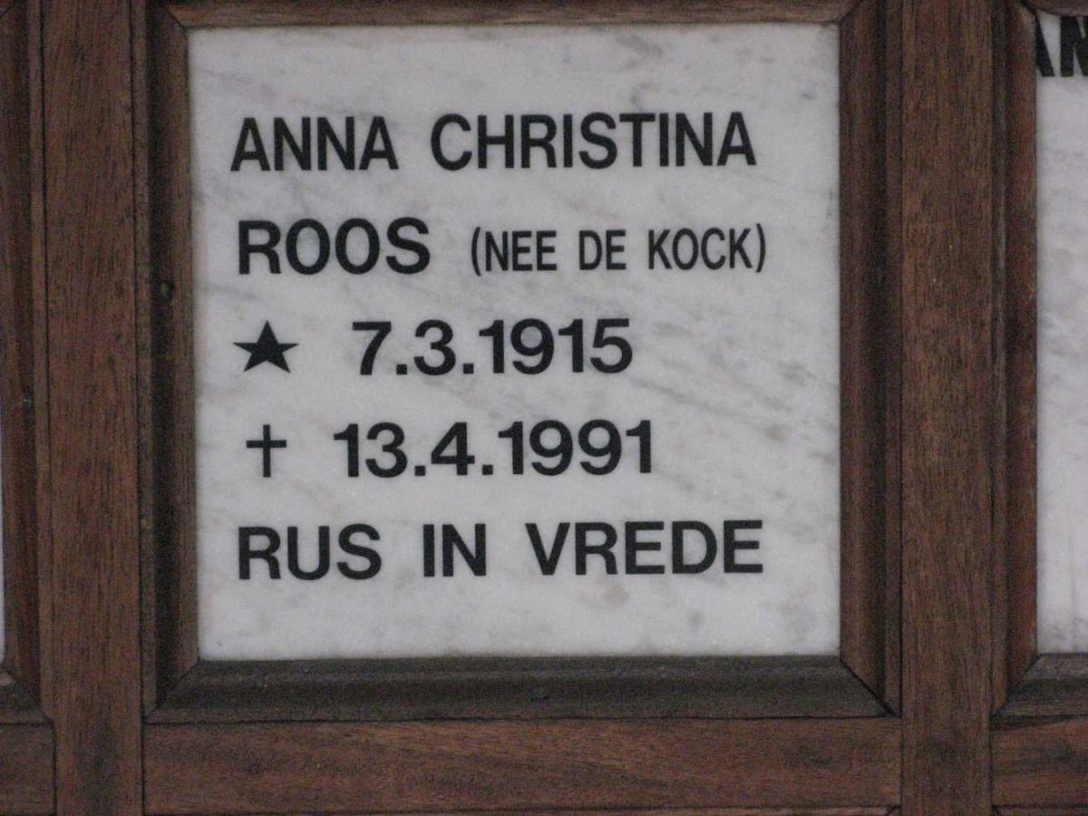 ROOS Anna Christina nee DE KOCK 1915-1991