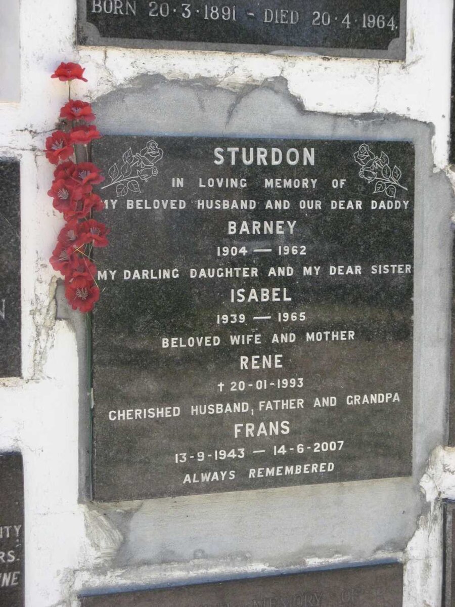 STURDON Barney 1904-1962 :: STURDON Isabel 1939-1965 :: STURDON Rene -1993 :: STURDON Frans 1943-2007