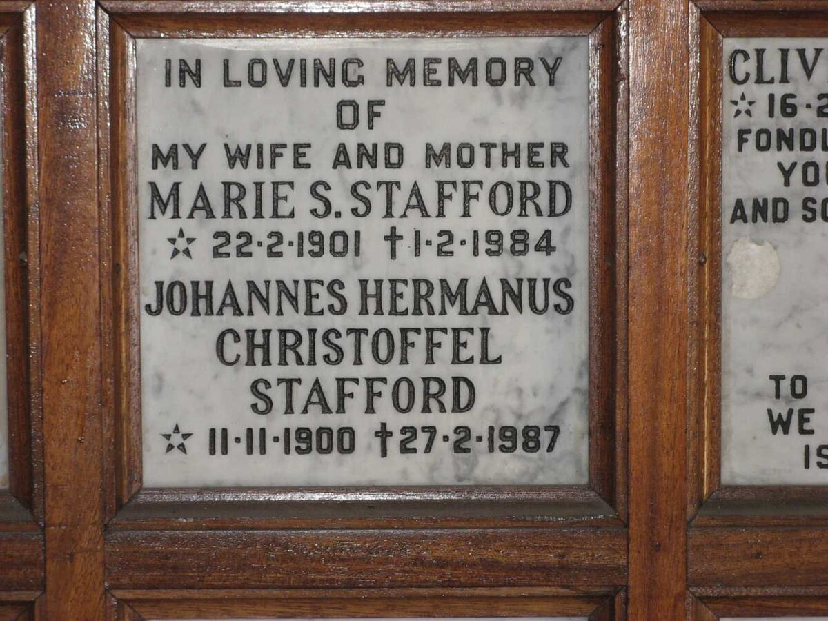 STAFFORD Johannes Hermanus Christoffel 1900-1987 &amp; Marie S. 1901-1984