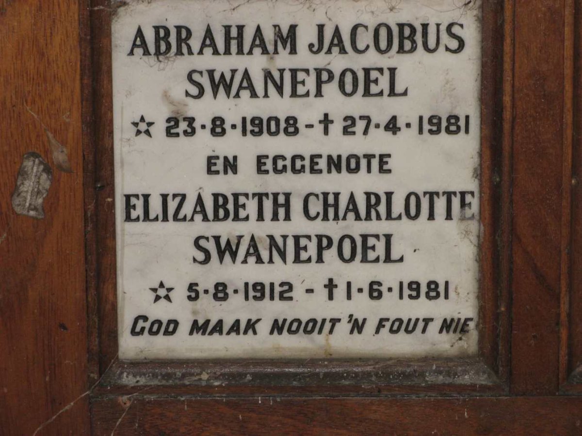 SWANEPOEL Abraham Jacobus 1908-1981 &amp; Elizabeth Charlotte 1912-1981