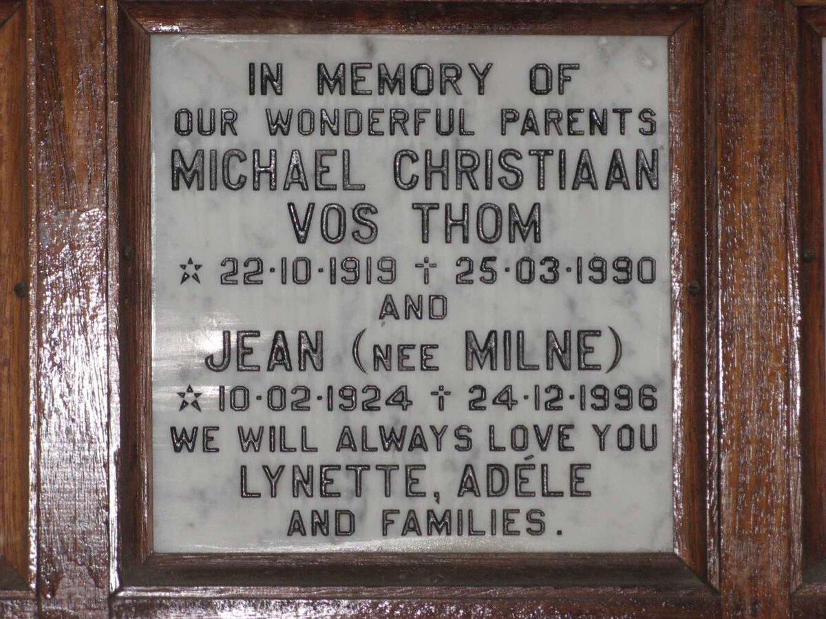 THOM Michael Christiaan Vos 1919-1990 &amp; Jean MILNE 1924-1996