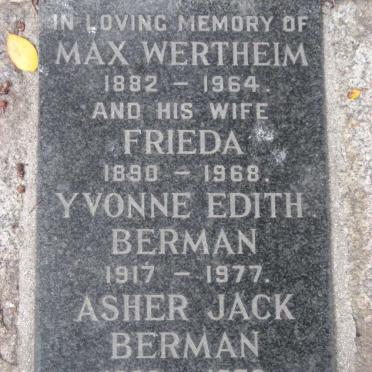 WERTHEIM Max 1882-1964 &amp; Frieda 1890-1968 :: BERMAN Asher Jack 1909-1978 &amp; Yvonne Edith 1917-1977