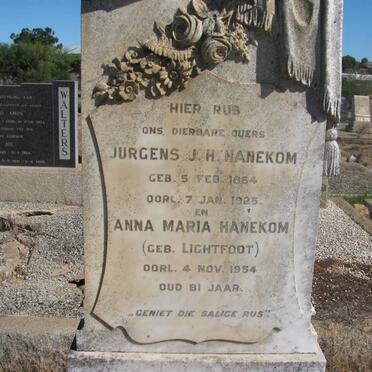 HANEKOM Jurgens J.H. 1864-1925 &amp; Anna Maria LIGHTFOOT -1954 