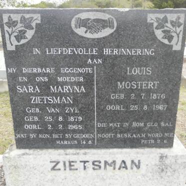 ZIETSMAN Louis Mostert 1876-1967 &amp; Sara Maryna VAN ZYL 1879-1965