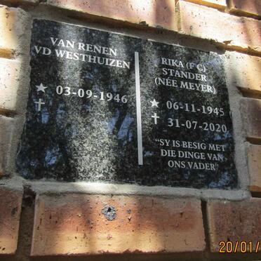WESTHUIZEN Van Renen, v.d. 1946- &amp; F.C. STANDER nee MEYER 1945-2020