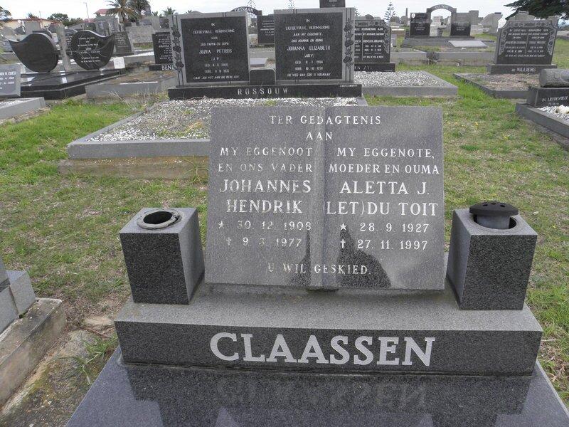 CLAASSEN Johannes Hendrik 1908-1977 &amp; Aletta J. DU TOIT 1927-1997