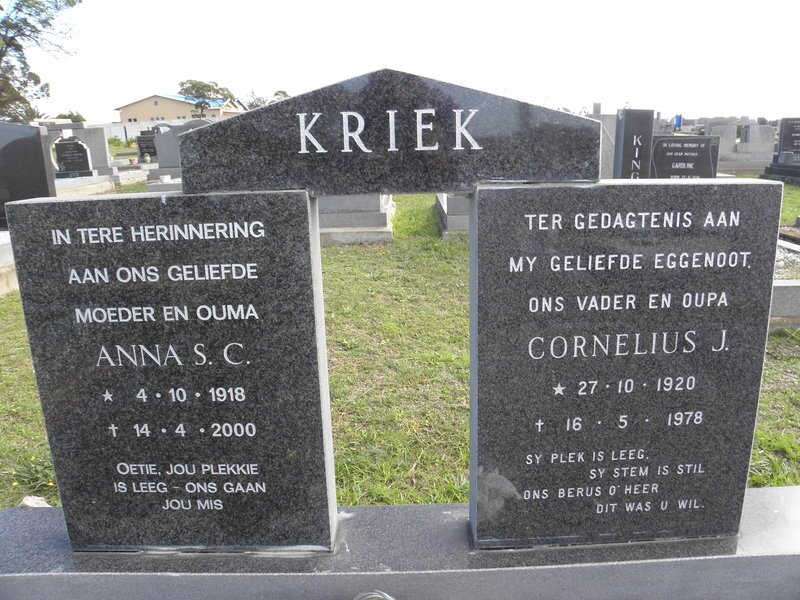 KRIEK Cornelius J. 1920-1978 &amp; Anna S.C. 1918-2000