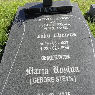 LANE John Thomas 1938-1999 &amp; Maria Rosina STEYN 1935-