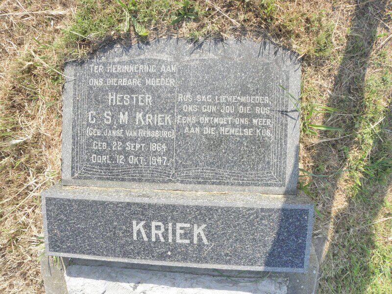 KRIEK Hester C.S.M. nee JANSE VAN RENSBURG 1864-1947