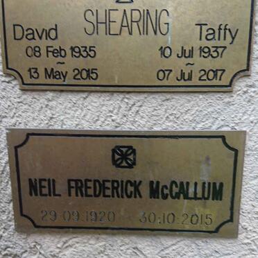 SHEARING David 1935-2015 &amp; Taffy 1937-2017 :: McCALLUM Neil Frederick 1920-2015 :: SLABBERT Carol Grace 1943-2016