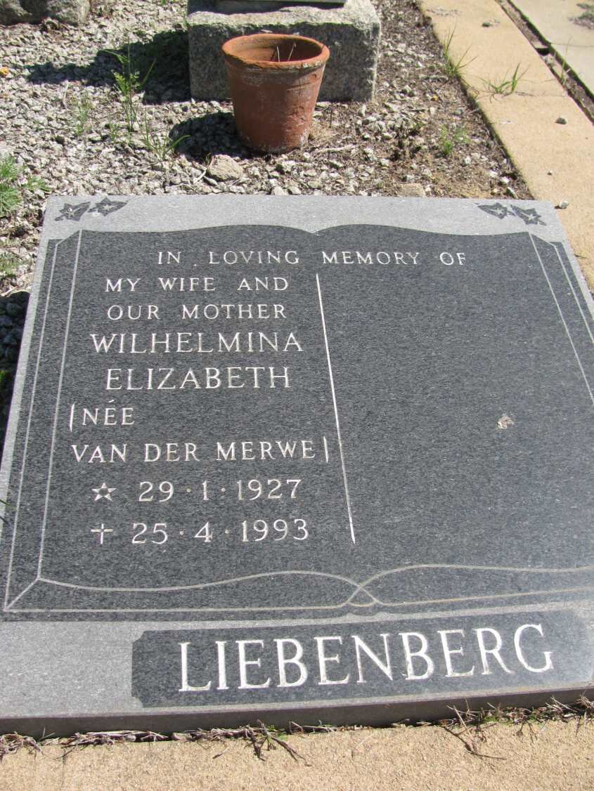 LIEBENBERG Wilhelmina Elizabeth nee VAN DER MERWE 1927-1993
