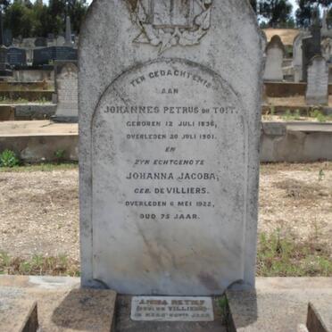 TOIT Johannes Petrus, du 1836-1901 &amp; Johanna Jacoba DE VILLIERS -1922 :: RETIEF Anna nee DE VILLIERS