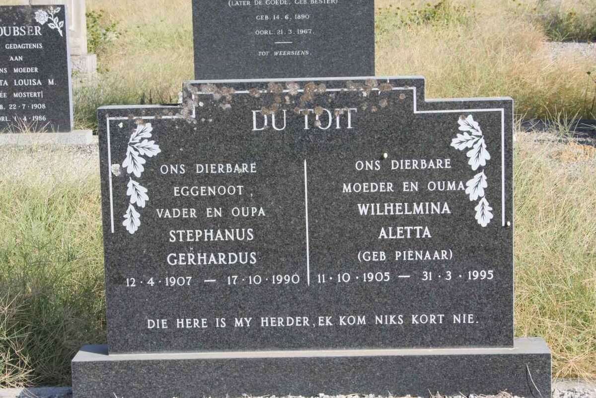 TOIT Stephanus Gerhardus, du 1907-1990 &amp; Wilhelmina Aletta PIENAAR 1905-1995