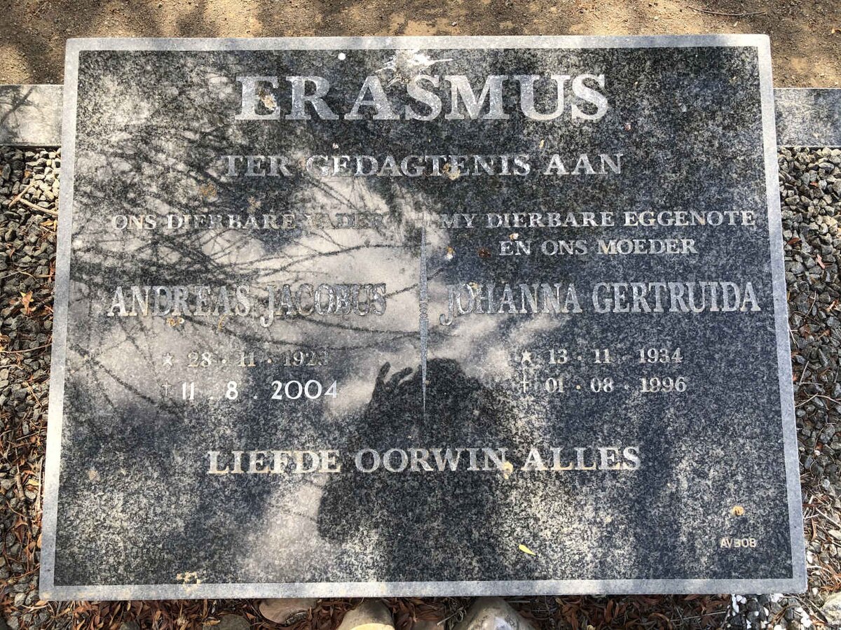 ERASMUS Andreas Jacobus 1923-2004 &amp; Johanna Gertruida 1934-1996
