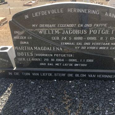 POTGIETER Willem Jacobus 1888-1941 &amp; Martha Magdalena BOTES nee LE ROUX 1904-1981