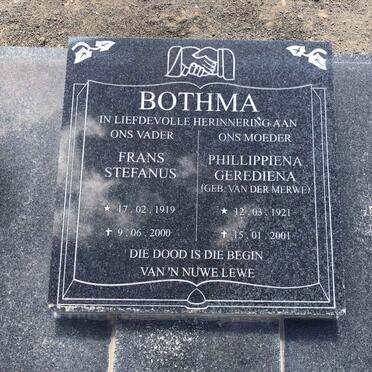 BOTHMA Frans Stefanus 1919-2000 &amp; Phillippiena Gerediena VAN DER MERWE 1921-2001