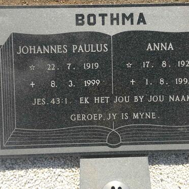 BOTHMA Johannes Paulus 1919-1999 &amp; Anna 1920-1993