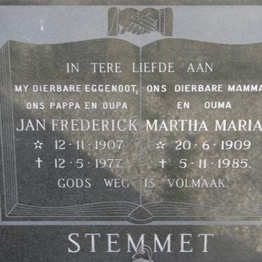 STEMMET Jan Frederick 1907-1977 &amp; Martha Maria 1909-1985