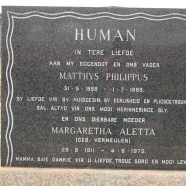 HUMAN Matthys Philippus 1898-1969 &amp; Margaretha Aletta VERMEULEN 1911-1975