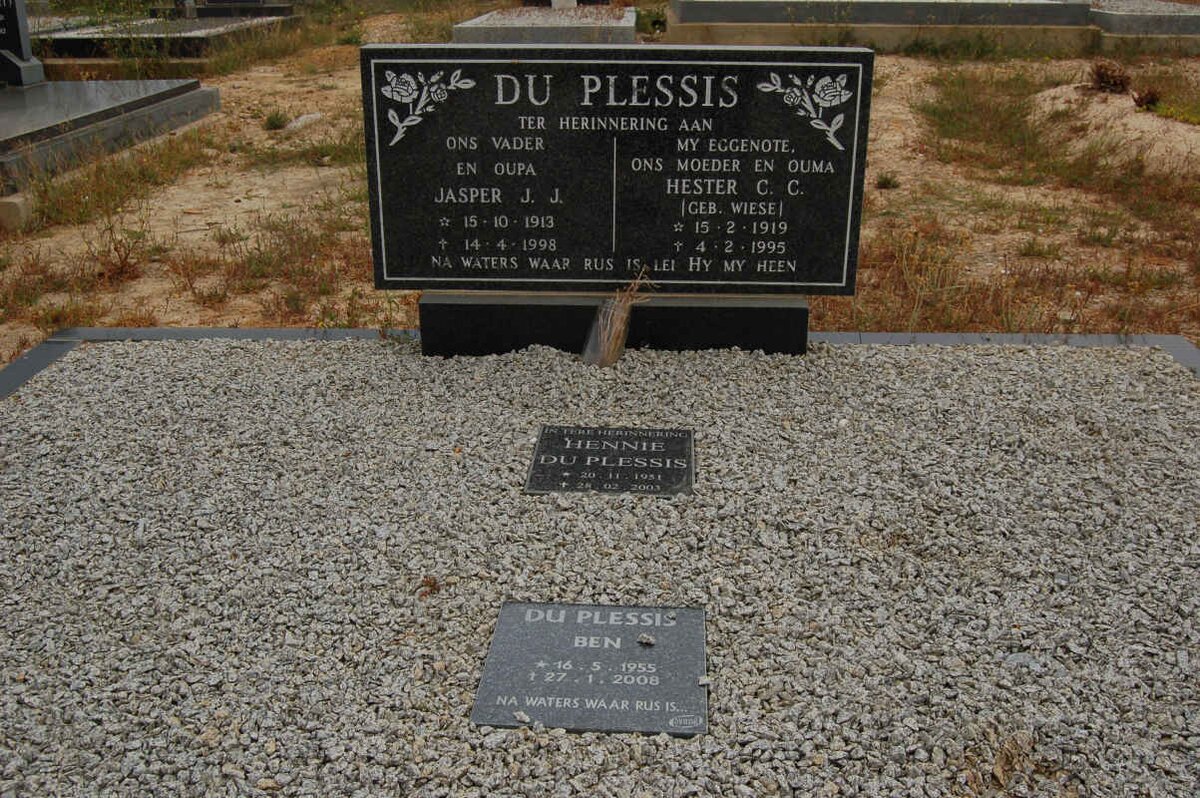 PLESSIS Jasper J.J., du 1913-1998 &amp; Hester C.C. WIESE 1919-1995 :: DU PLESSIS Hennie 1951-2003 :: DU PLESSIS Ben 1955-2008
