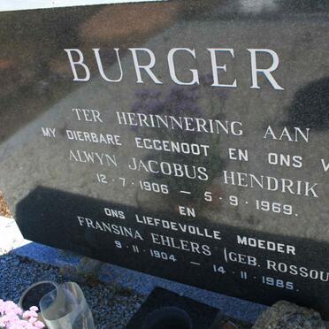 BURGER Alwyn Jacobus Hendrik 1906-1969 &amp; Fransina Ehlers ROSSOUW 1904-1985