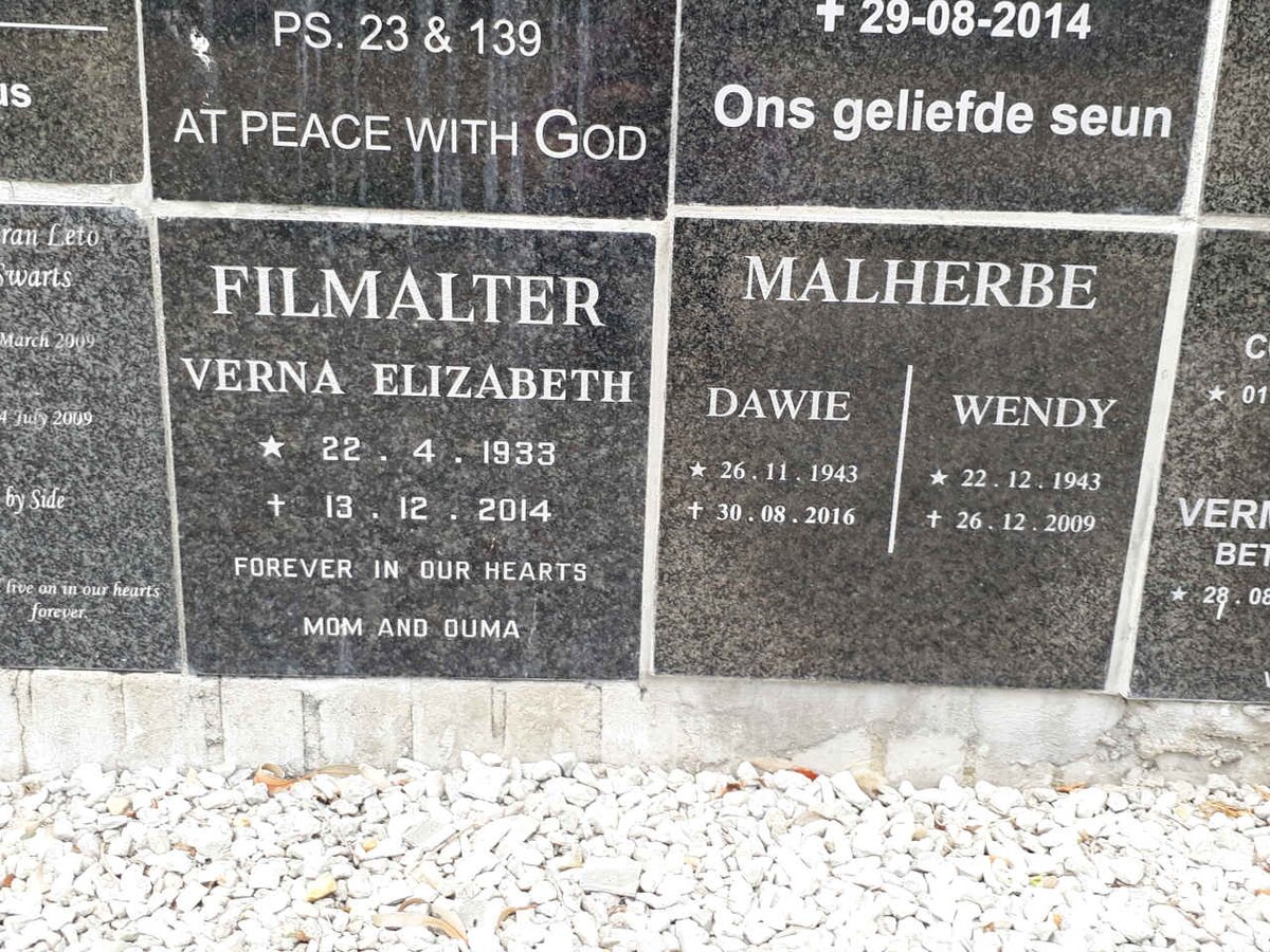 FILMALTER Verna Elizabeth 1933-2014 :: MALHERBE Dawie 1943-2016 &amp; Wendy 1943-2009