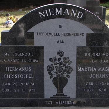 NIEMAND Hermanus Christoffel 1894-1973 &amp; Martha Magdalena Johanna 1902-1992
