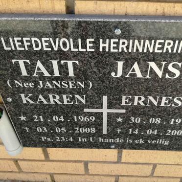 JANSEN Ernest 1974-2009 :: TAIT Karen nee JANSEN 1969-2008
