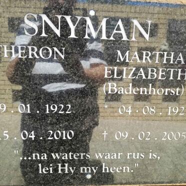 SNYMAN Theron 1922-2010 &amp; Martha Elizabeth BADENHORST 1923-2005