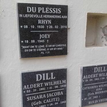 PLESSIS Rhyn, du 1930-2016 &amp; Joey 1945- :: DILL Albert Wilhelm 1881-1932 &amp; Susara Jacoba CALITZ 1883-1942