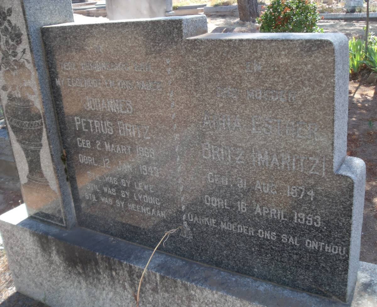 BRITZ Johannes Petrus 1869-1943 &amp; Anna Esther MARITZ 1874-1953