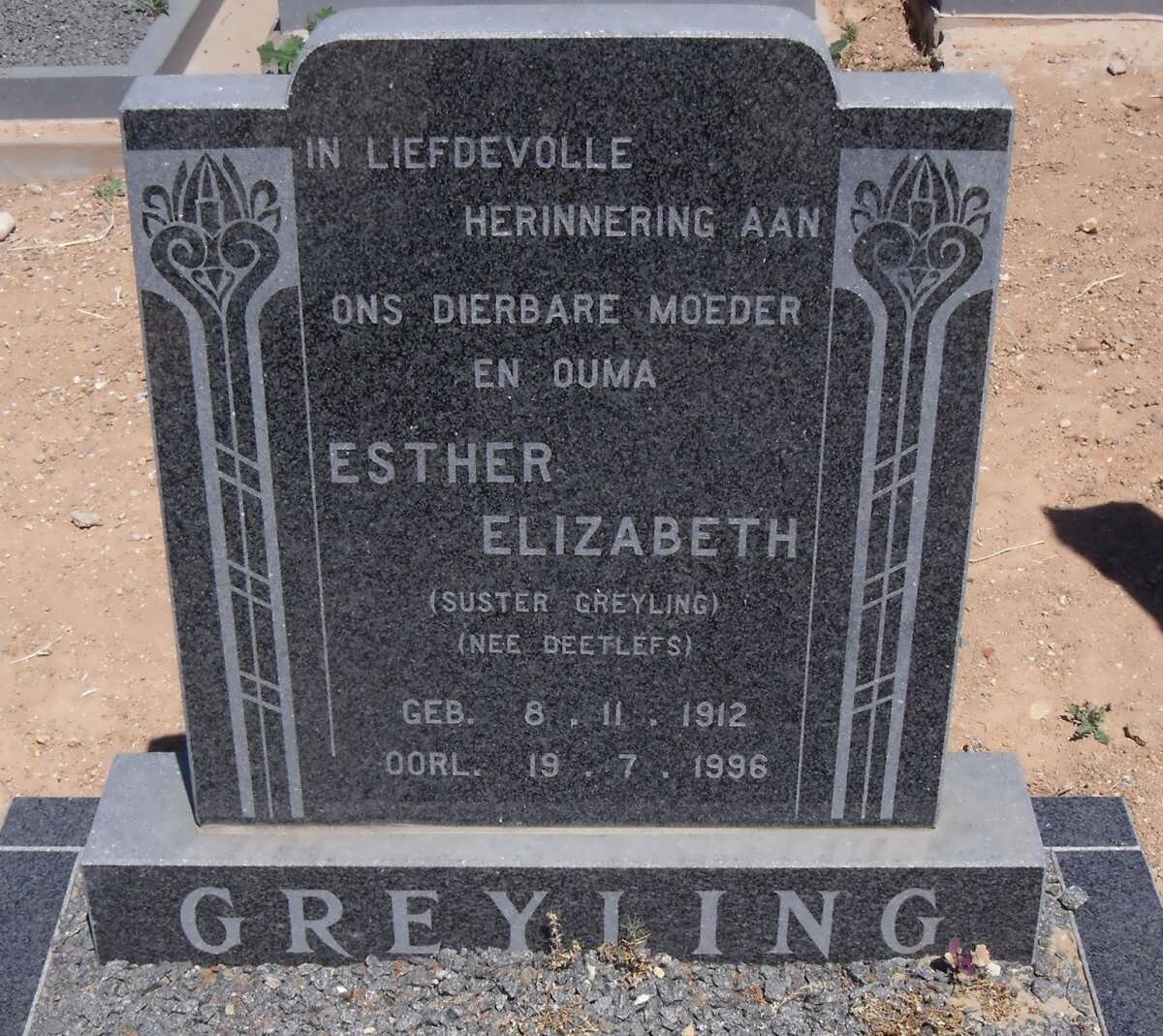GREYLING Esther Elizabeth nee DEETLEFS 1912-1996