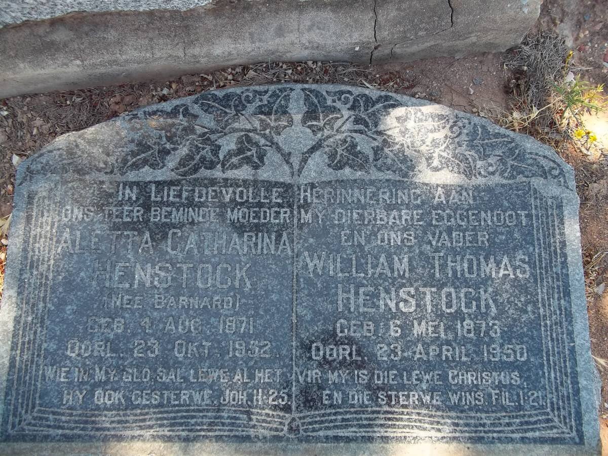 HENSTOCK William Thomas 1873-1950 &amp; Aletta Catharina BARNARD 1871-1952