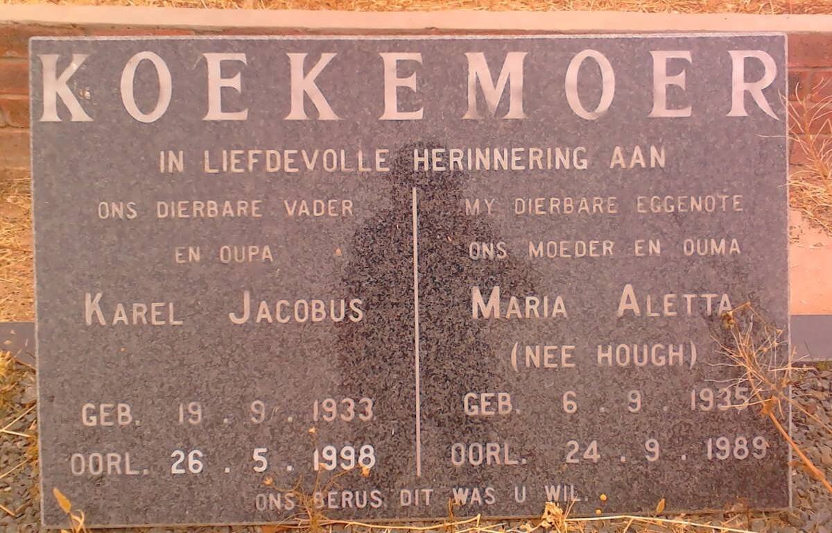 KOEKEMOER Karel Jacobus 1933-1998 &amp; Maria Aletta HOUGH 1935-1989