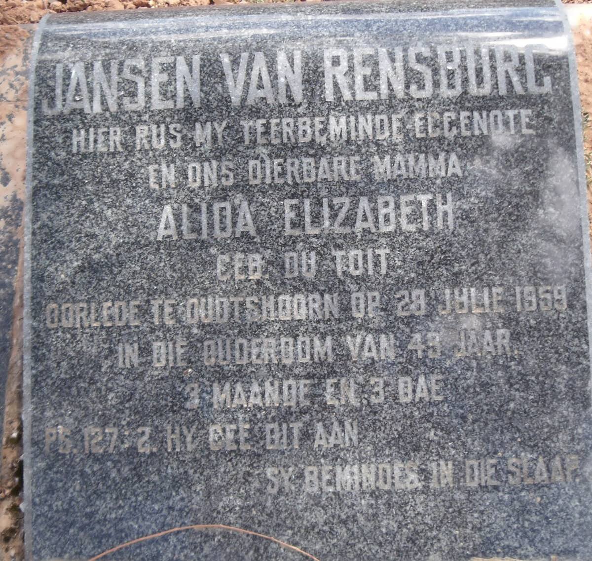 RENSBURG Alida Elizabeth, Jansen van nee DU TOIT -1959
