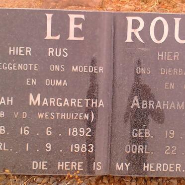 ROUX Abraham J.C., le 1897-1987 &amp; Dinah Margaretha VAN DER WESTHUIZEN 1892-1983