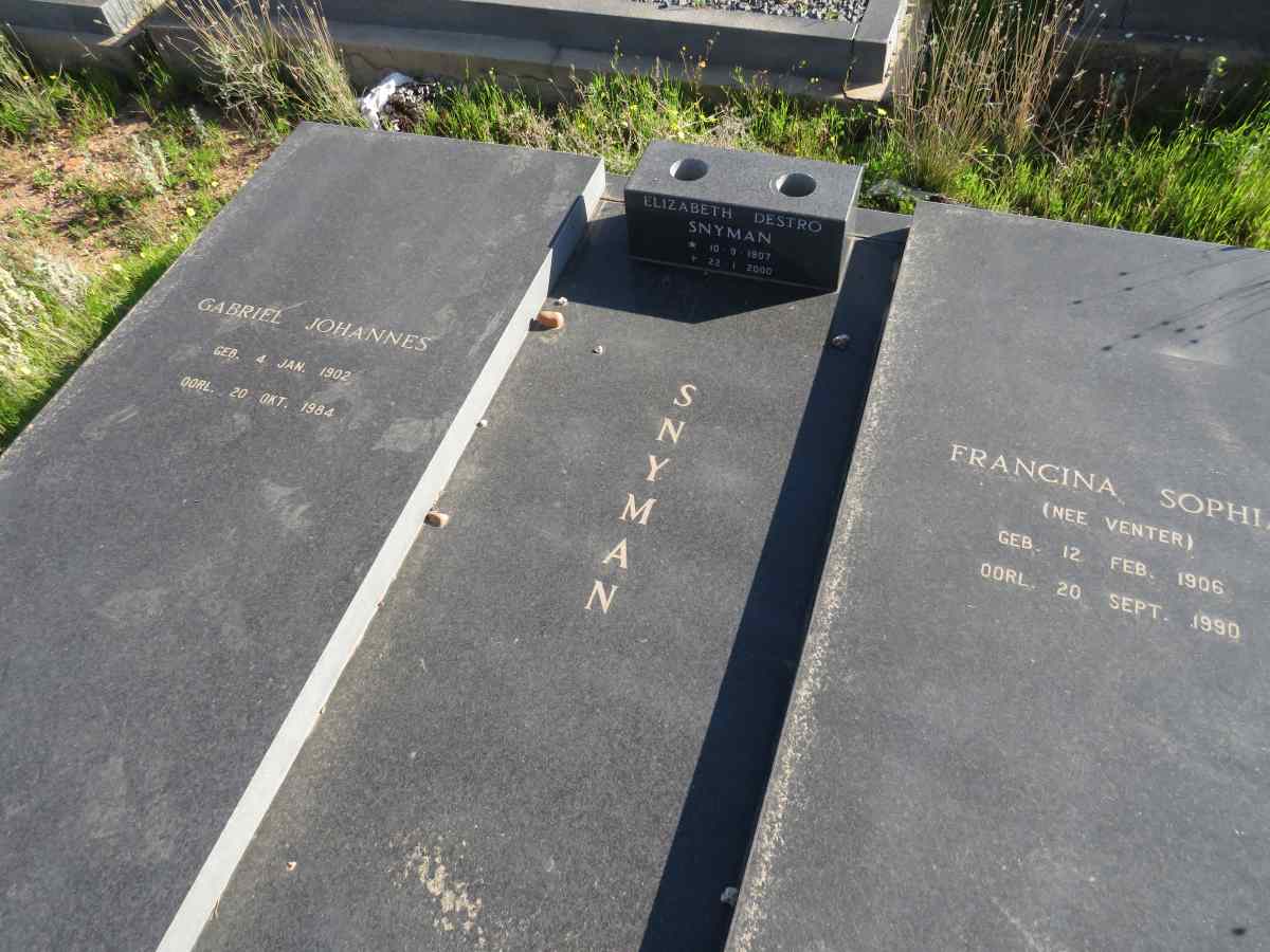 SNYMAN Gabriel Johannes 1902-1984 & Francina Sophia VENTER 1906-1990 :: SNYMAN Elizabeth Destro -2000