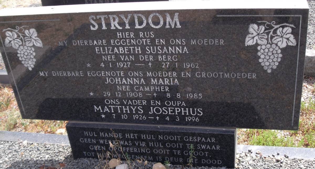 STRYDOM Matthys Josephus 1926-1996 &amp; Elizabeth Susanna VAN DER BERG 1927-1962 :: STRYDOM Johanna Maria nee CAMPHER 1908-1985