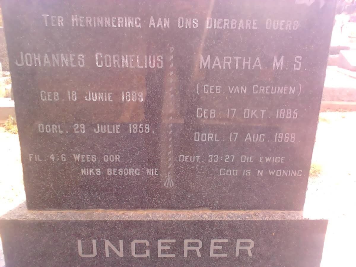 UNGERER Johannes Cornelius 1889-1959 &amp; Martha M.S. VAN GREUNEN 1885-1968