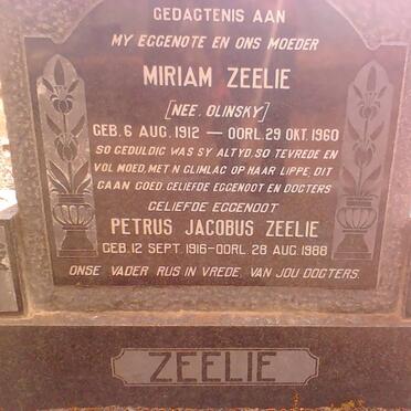 ZEELIE Petrus Jacobus 1916-1988 &amp; Miriam OLINSKY 1912-1960