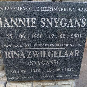 SNYGANS Jannie 1930-2001 & Rina ZWIEGELAAR 1943-2021
