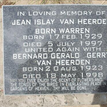 HEERDEN Bernard Gerald Gerry, van 1923-1998 &amp; Jean Islay WARREN 1929-1997