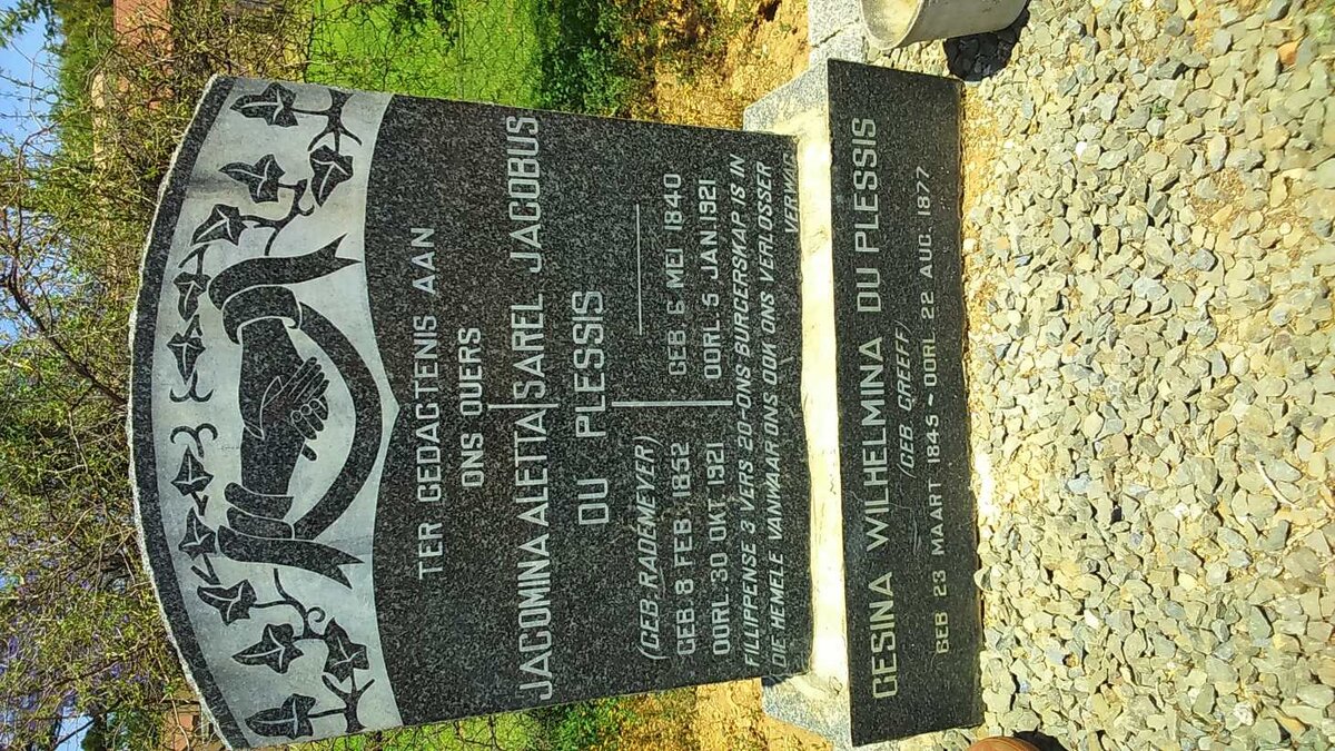 PLESSIS Sarel Jacobus, du 1840-1921 &amp; Jacomina Aletta RADEMEYER 1852-1921